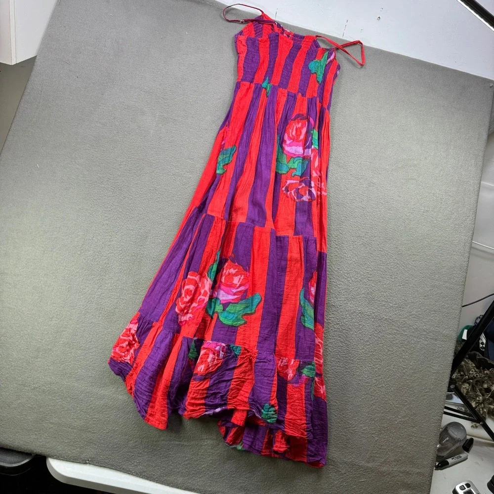 Antica Sartoria Floral Striped Smocked Maxi Dress Womens OS Cotton Tiered Boho - Picture 2 of 8